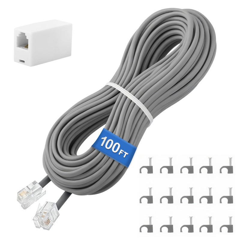 Uvital Phone Extension Cord 100 FT, Long Telephone Extension Cable Wire Cord with RJ11 Plug and 1 in-line Coupler and 60pcs Nail-in Cable Clips, Grey - Image 1
